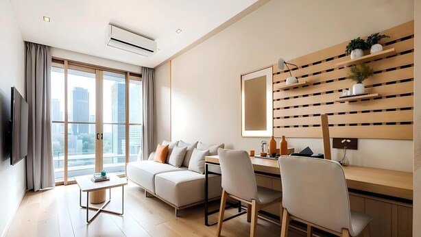 Una sala de estar moderna con sofá, mesa de comedor, sillas, televisor y vista a la ciudad a través de amplios ventanales.