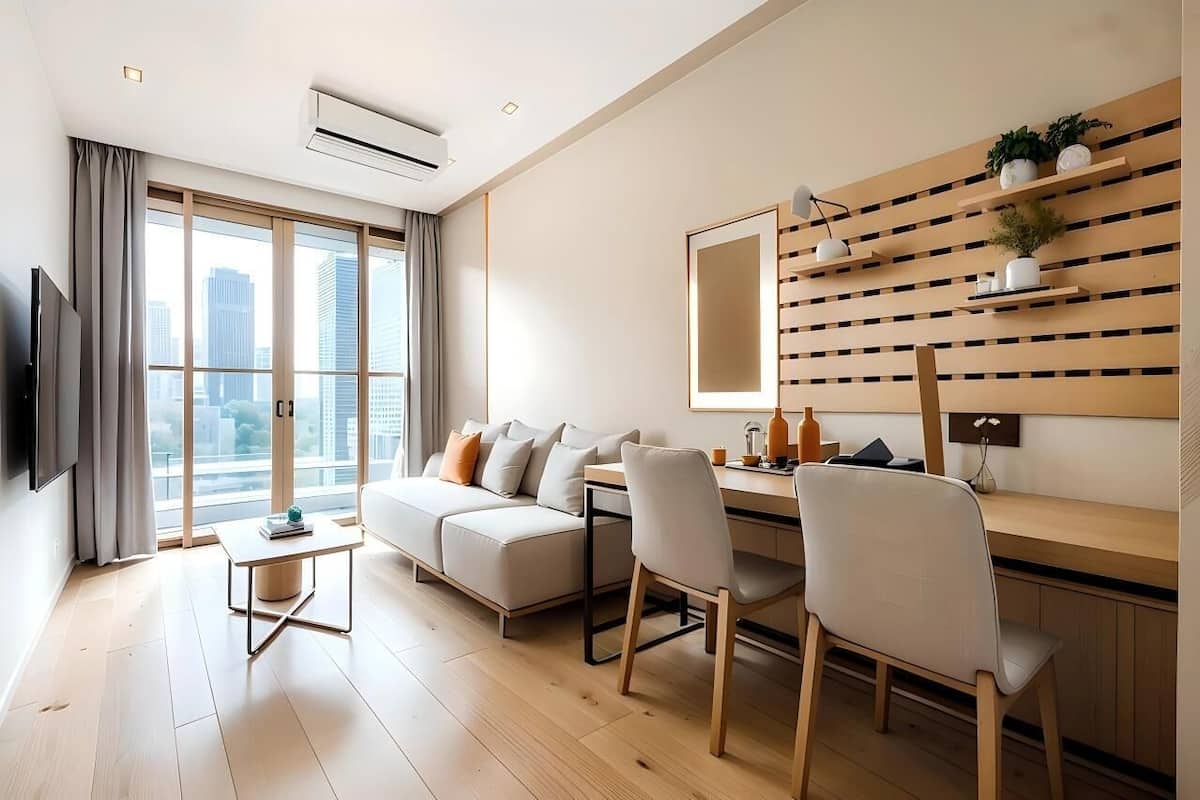 A modern living room with a sofa, dining table, chairs, a TV, and a city view through large windows.