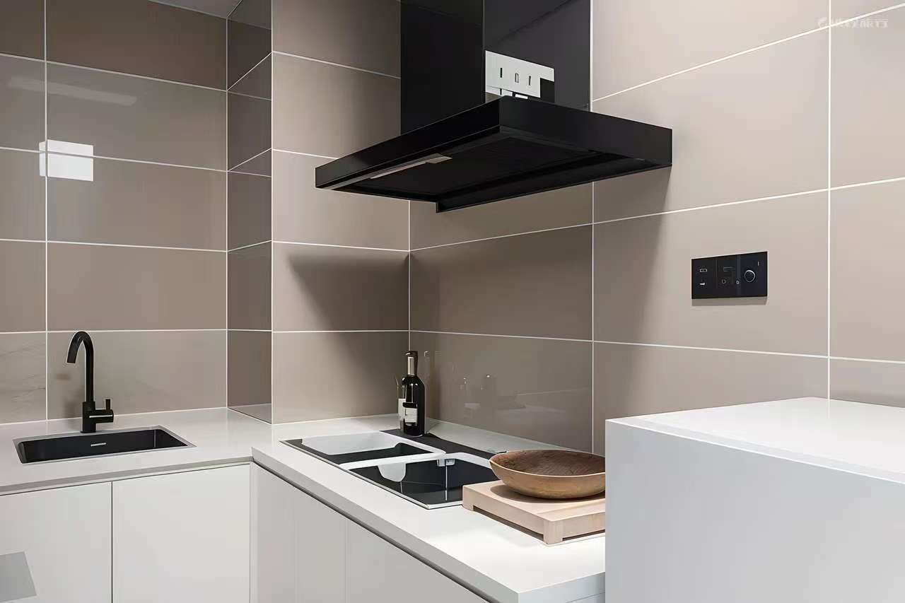 Une cuisine moderne avec une hotte noire, une bouteille de vin et un saladier en bois posés sur le plan de travail.