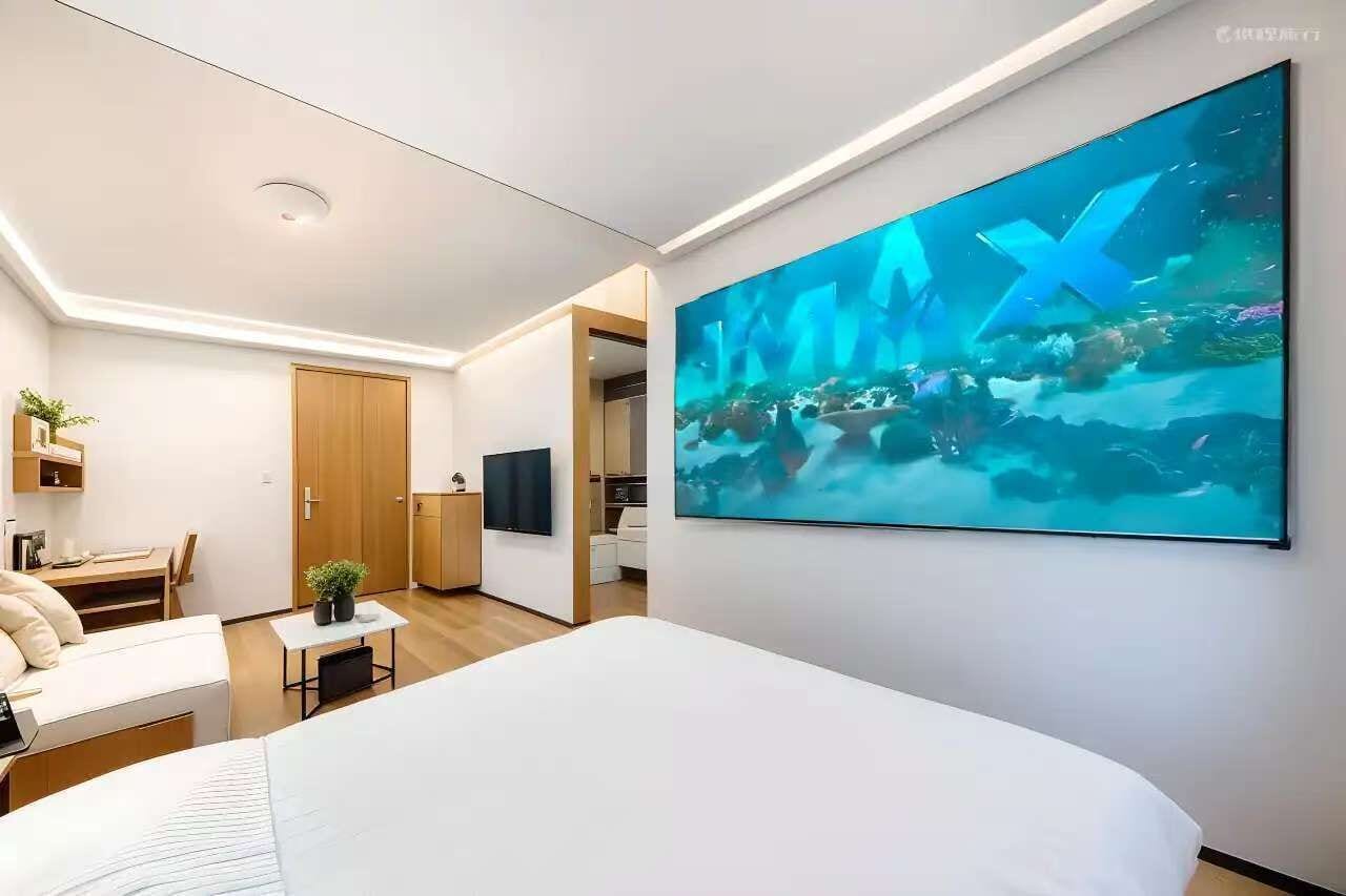 Una camera d'albergo moderna con un letto grande, una scrivania, una sedia, una televisione e un quadro di una scena subacquea.