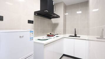 Executive Double Room, City View | Private kitchenette | Fridge, microwave, cookware/dishes/utensils, cleaning supplies
