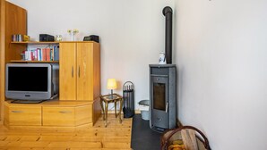 Un salon comprenant un téléviseur, des meubles en bois, une bibliothèque, une lampe, un fauteuil, une cheminée et une poubelle.