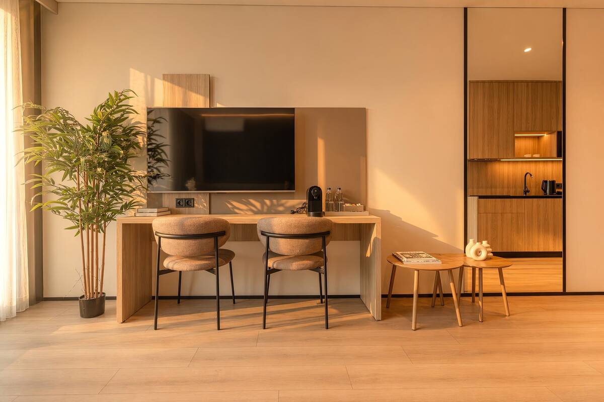 Una cocina moderna con una televisión de pantalla plana, dos taburetes de bar, una mesita con un florero y una planta en maceta.