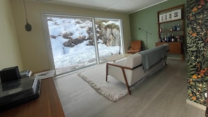 A room with a sofa, a desk with a laptop, a bookshelf, and a large window with a view of snow-covered rocks.