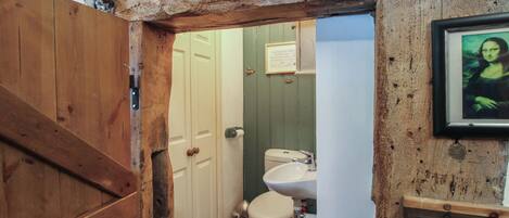 A rustic bathroom with a wooden door, a toilet, and a sink.