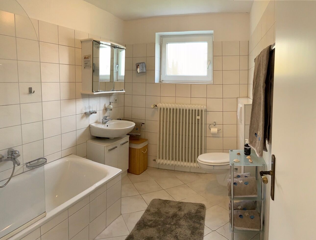 Secadora de cabello, toallas, jabón, papel de baño 
