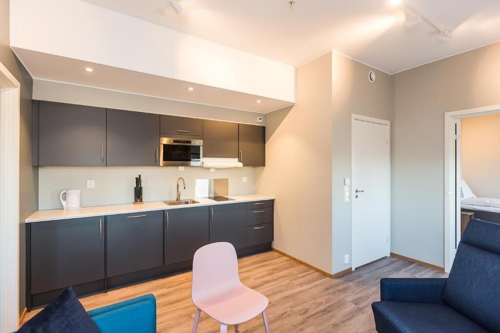 A compact living space with a kitchenette, a seating area with a blue sofa and a pink chair, and a door leading to another room.