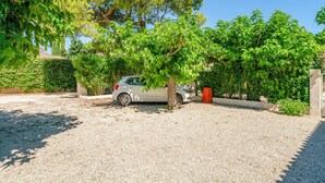 Une voiture est garée sur une allée de gravier, avec des arbres et une haie en arrière-plan.