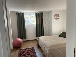 A bedroom with a bed, a wall-mounted artwork, a window with curtains, a yoga ball, and a patterned rug. - Apartment - 1 bedroom - Villevieille (Villevieille)
