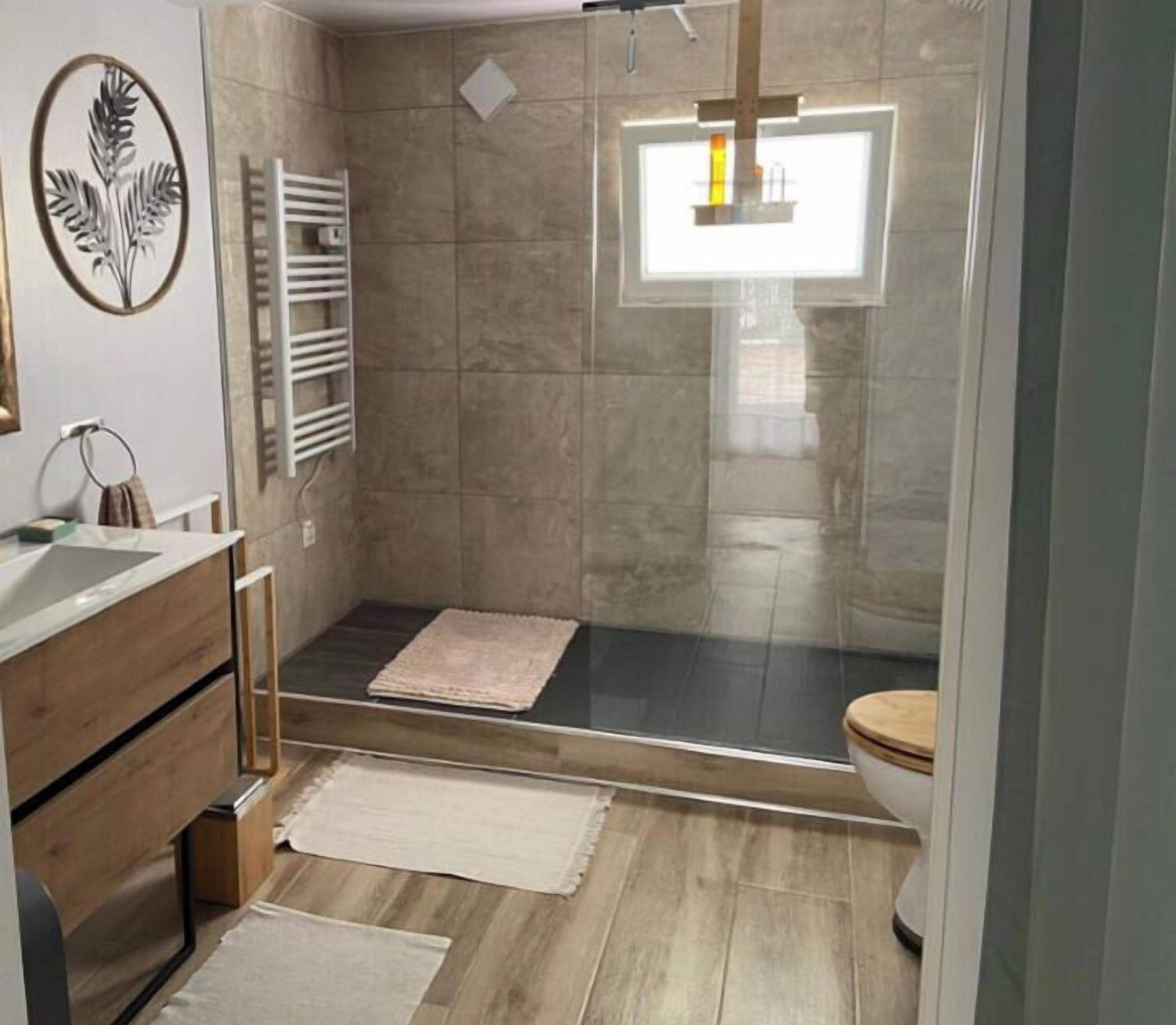 Shower, towels, soap, toilet paper