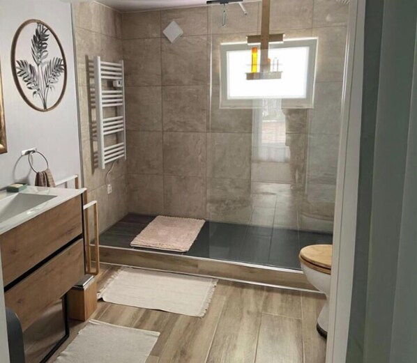 A modern bathroom with a glass shower enclosure, a toilet, and a sink. - Apartment - 1 bedroom - Villevieille (Villevieille)
