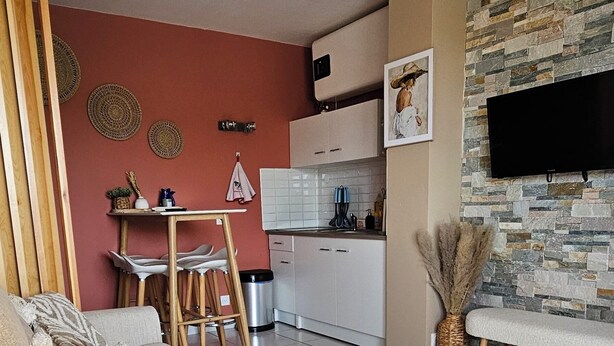 Een woonkamer met een bank, een eethoek met tafel en stoelen, een keuken met een televisie, en een stenen muur.