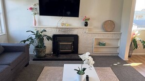 A living room with a fireplace, a flat-screen TV, a sofa, a coffee table, and potted plants.