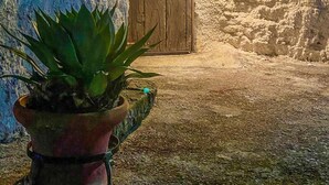 A stone wall with a wooden door and a potted plant. - Residence Mattinatella - Apartment 4 (Mattinata)