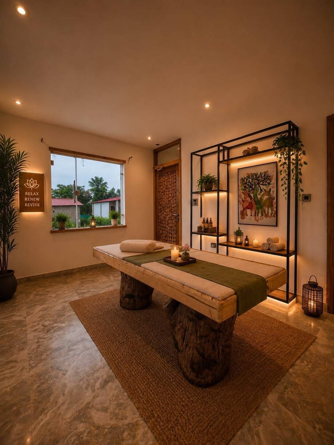 Ein Wellnessraum mit Massageliege, einer Holztür, einem Fenster mit Ausblick und einem an der Wand befestigten Regal mit Pflanzen und Kerzen.