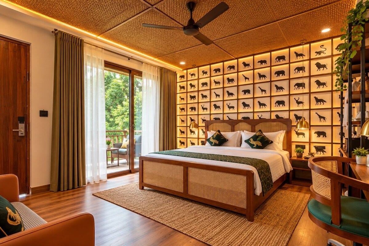A spacious bedroom with a large bed, a ceiling fan, and a wall of animal silhouettes.