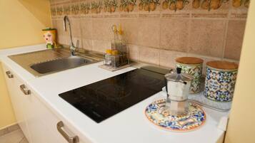 Estudio | Cocina privada | Frigorífico pequeño, placa de cocina y utensilios de cocina