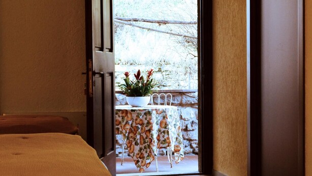 Ein Zimmer mit einem Bett, einem Tisch mit einer Pflanze und Blick auf einen Balkon mit Stühlen.