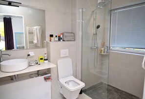 A modern bathroom with a sink, toilet, and shower.