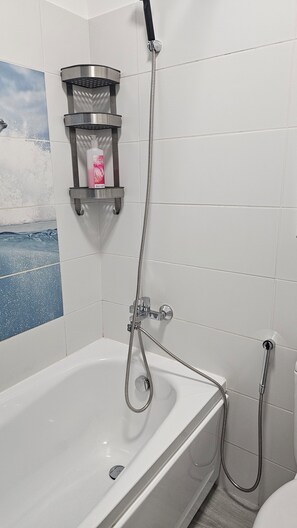Hair dryer, bidet, towels, soap