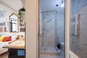 Studio, uitzicht op binnenplaats | Badkamer | Een douche, gratis toiletartikelen, een haardroger, handdoeken