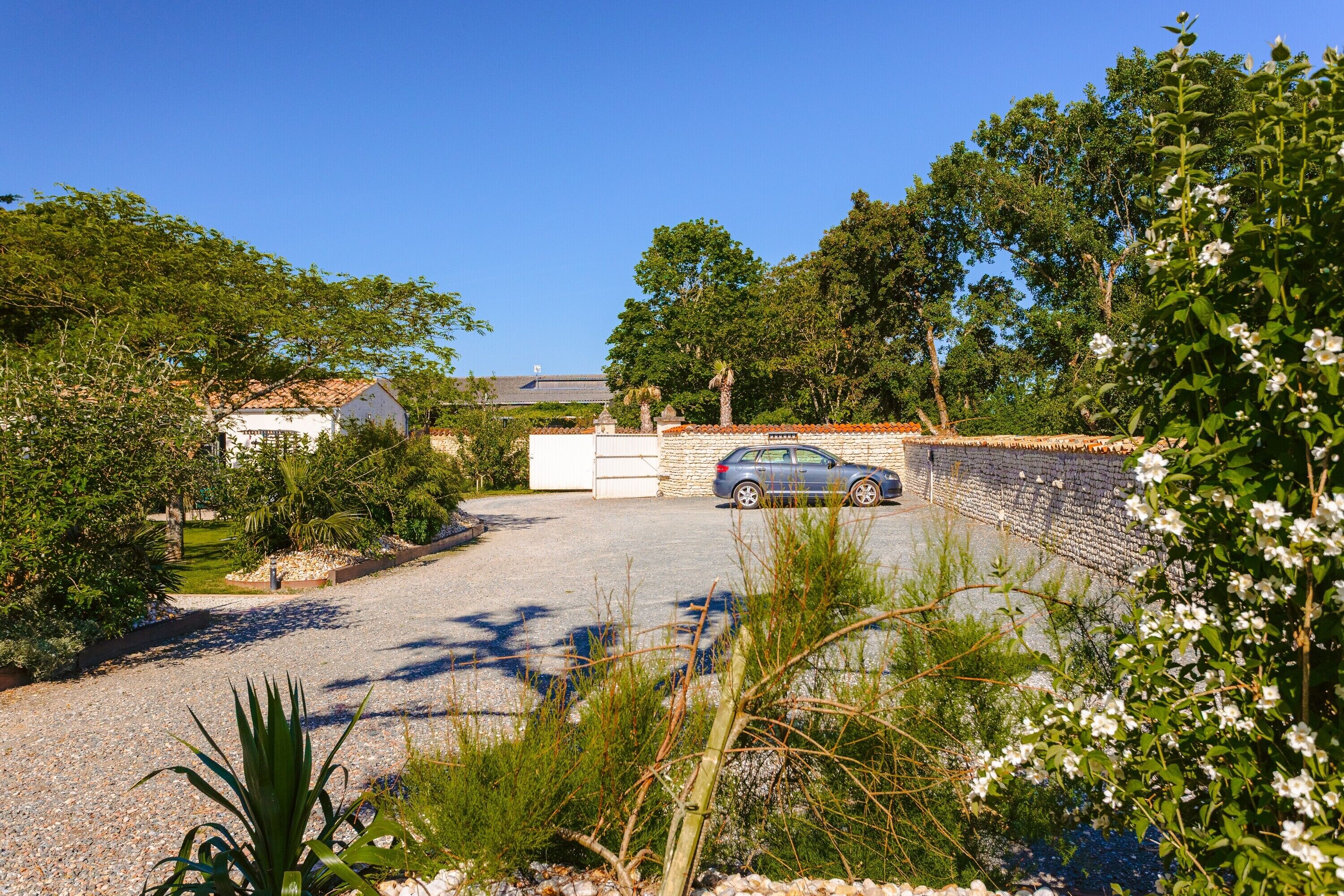 A gravel driveway leading to a parked car, surrounded by greenery and a stone wall.