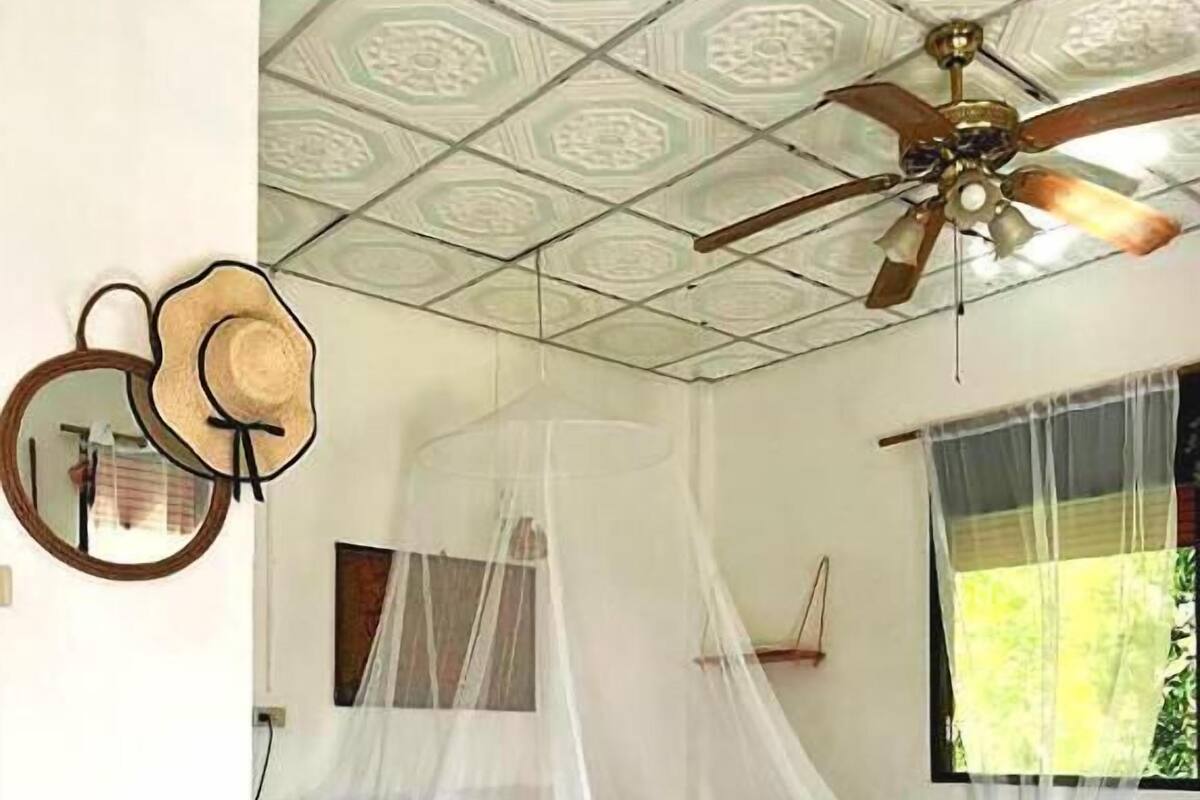 Ein Zimmer mit einem Bett, das unter einem Moskitonetz hängt, einem Deckenventilator und einem Fenster mit transparenten Vorhängen.
