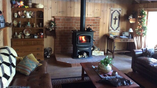 Un salon chaleureux avec une cheminée, des meubles en bois et un sapin de Noël.