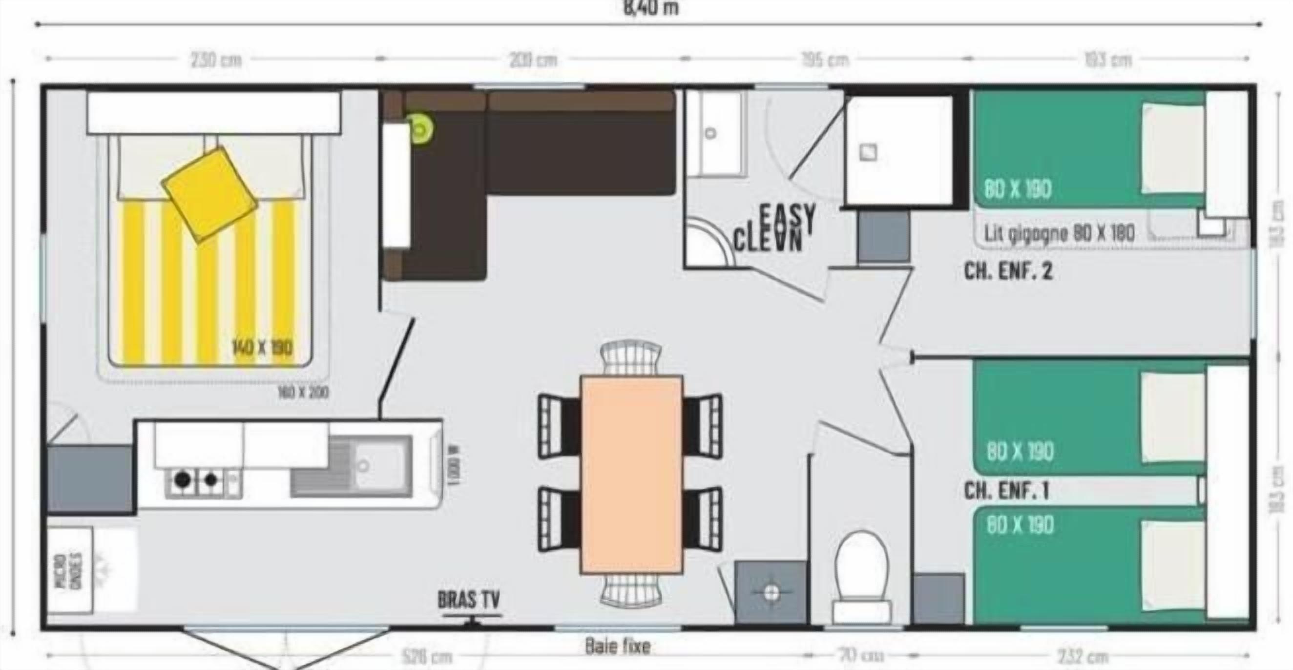 A floor plan of a hotel room with a kitchenette, a dining area, a BRAS TV, and two en-suite bathrooms.