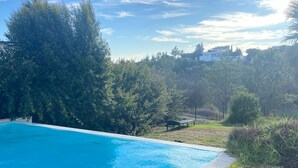 Una piscina con agua cristalina azul, rodeada de césped y árboles.