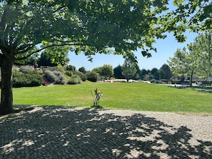 A paved area with a tree and grass, a playground with swings, and a bench.