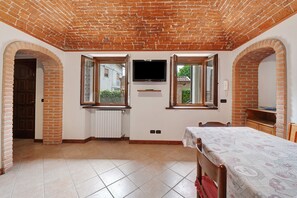 A room with a brick ceiling, two windows, a television, a radiator, and a bed.