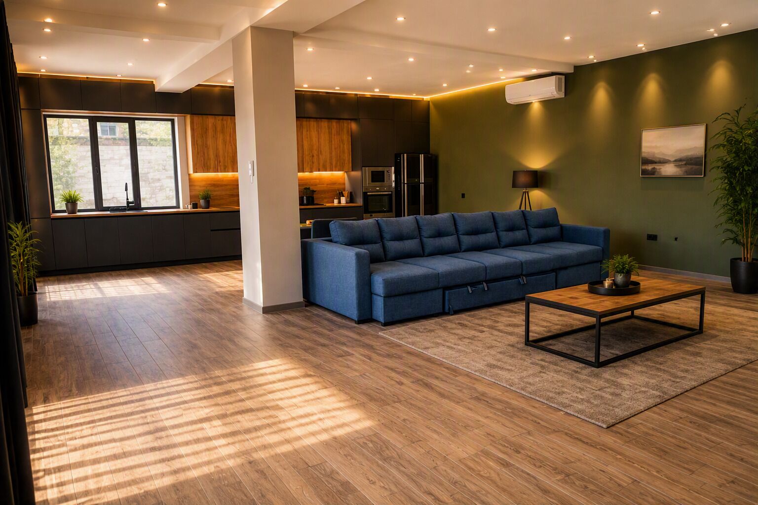 A modern living room with a blue sofa, a coffee table, and a kitchen area in the background.