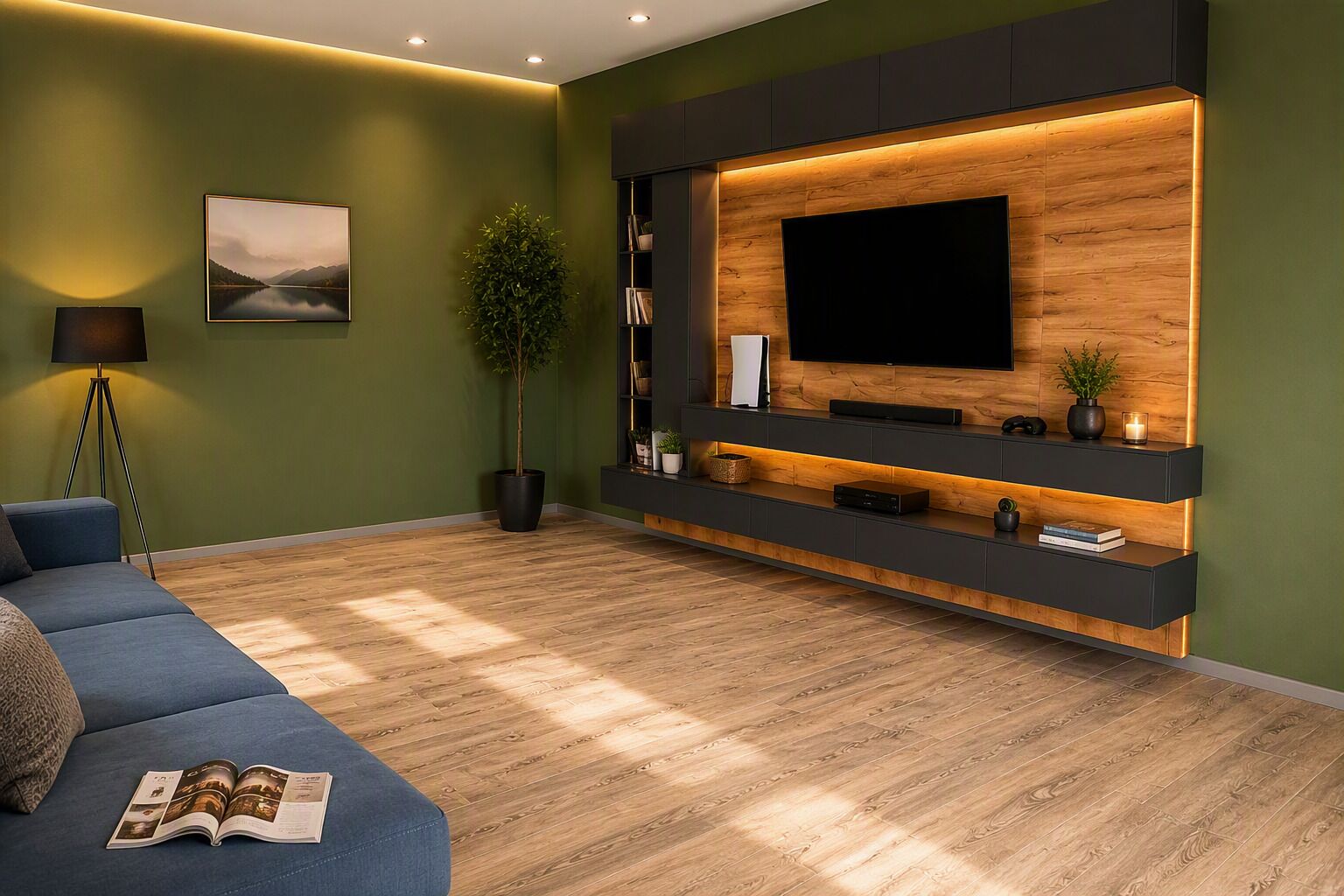 A modern living room with a flat-screen TV mounted on a wooden wall, a blue sofa, a floor lamp, and a potted plant.