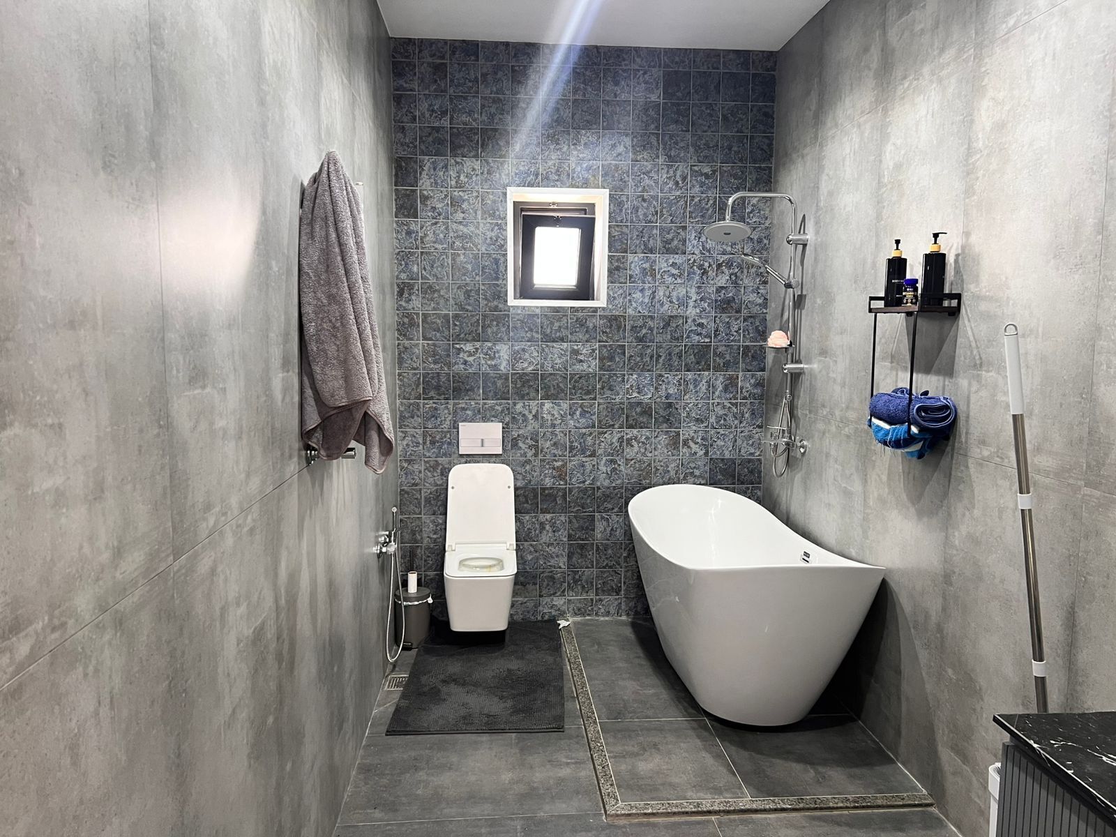 Shower, bidet, towels, soap