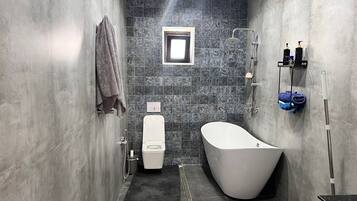 Shower, bidet, towels, soap