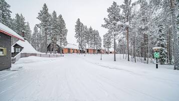 Lumipeitteinen katu, jonka varrella on rakennuksia ja puita.