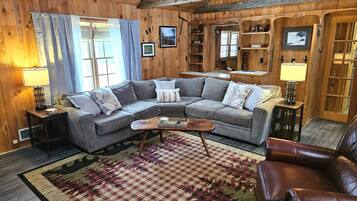 Smart TV, fireplace, books