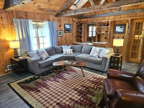 Smart TV, fireplace, books