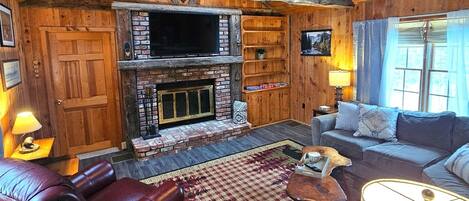 Smart TV, fireplace, books