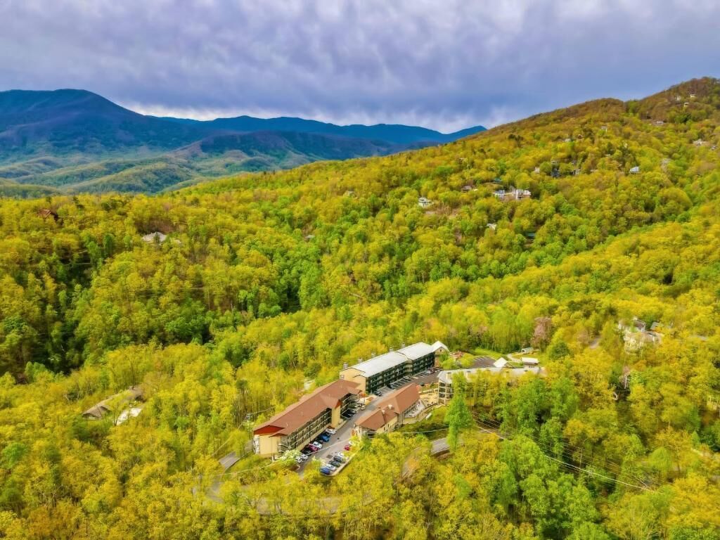 Ein Hotel mit mehreren Gebäuden, umgeben von dichtem Wald und Bergen im Hintergrund.