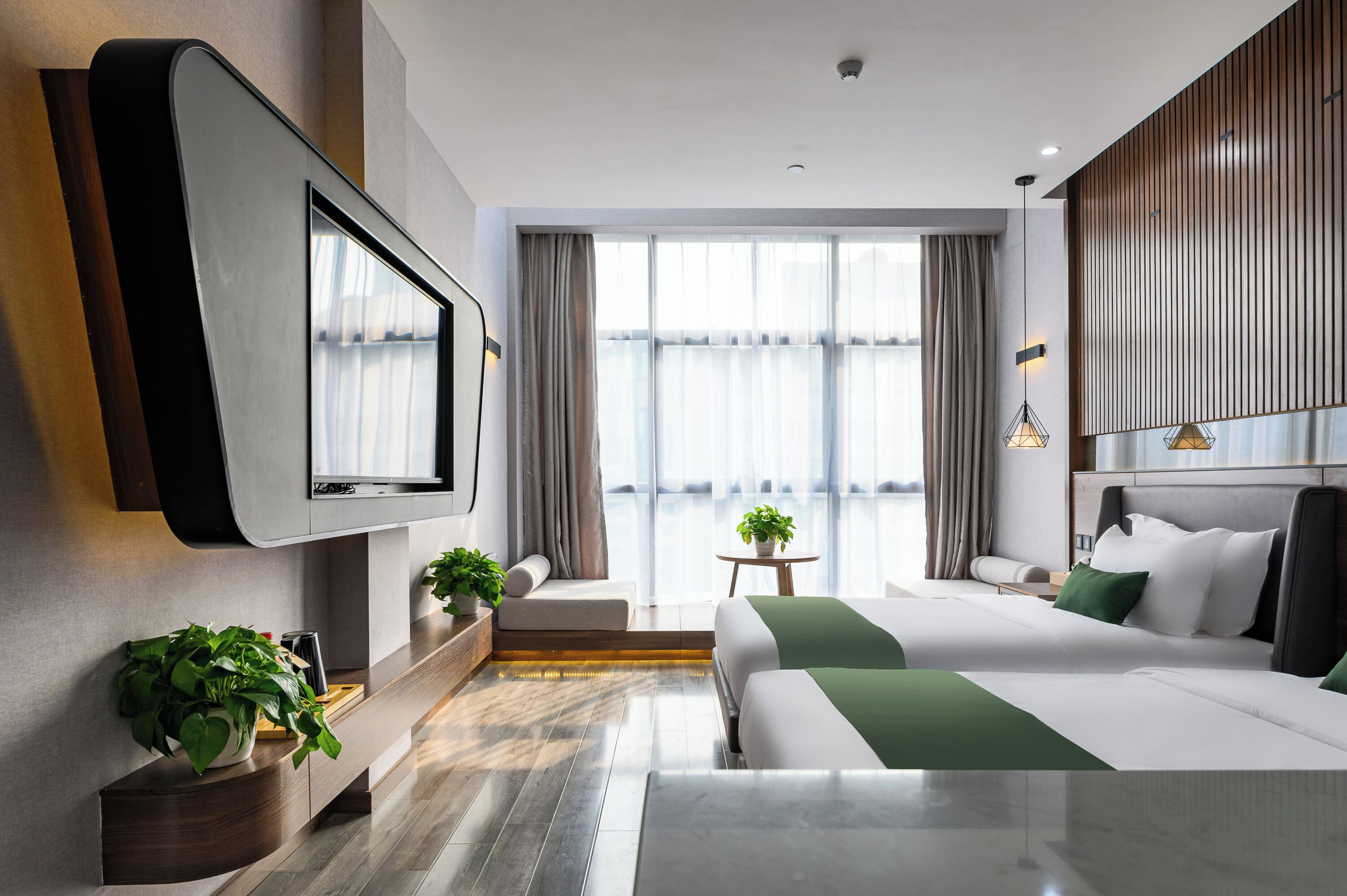 Una habitación de hotel moderna con televisión de pantalla plana, un sofá, una cama, una mesita con una planta y vistas al exterior.