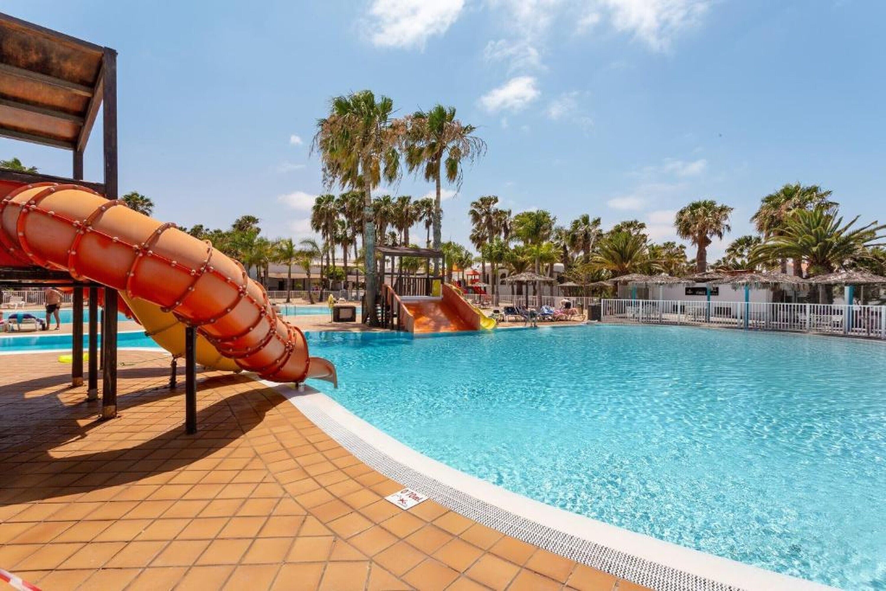 Une piscine avec un toboggan, des palmiers et un ciel dégagé.