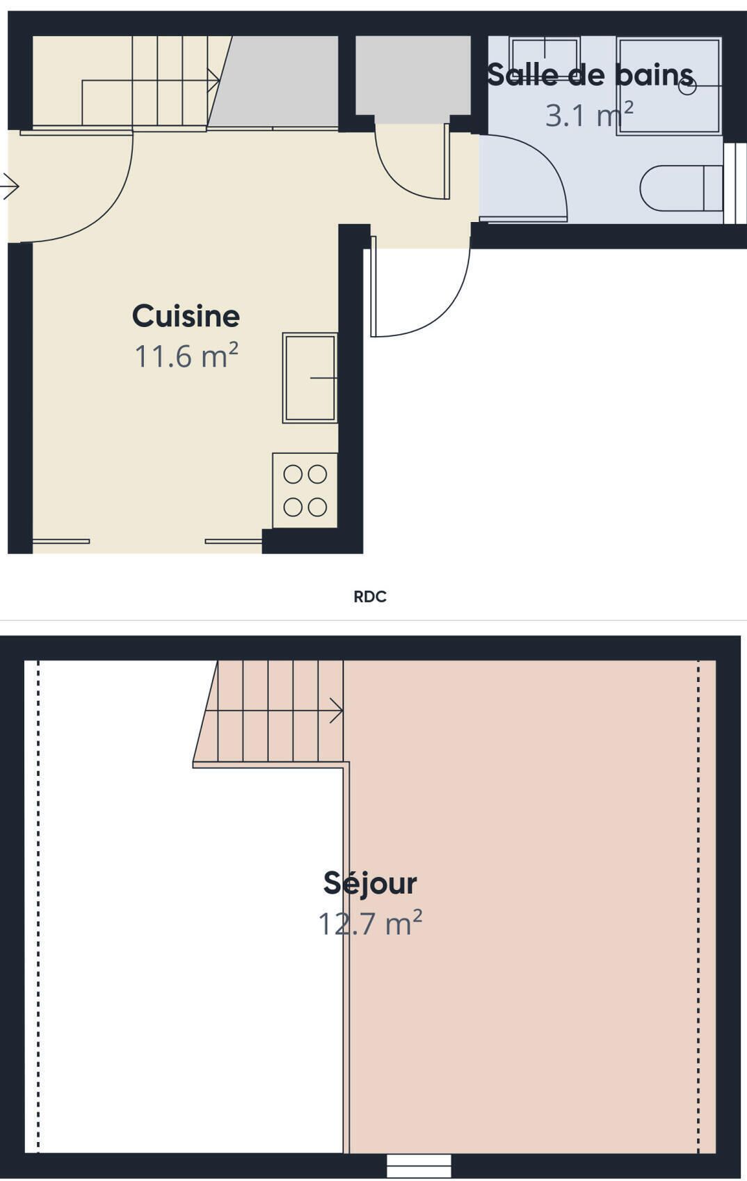 A floor plan with a kitchen (11.6 m²), bathroom (3.1 m²), and living room (12.7 m²).