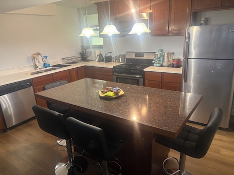 A modern kitchen with granite countertops, stainless steel appliances, and pendant lighting.. Soothing 1 bedroom apartment with AC in charming Oak Lawn,