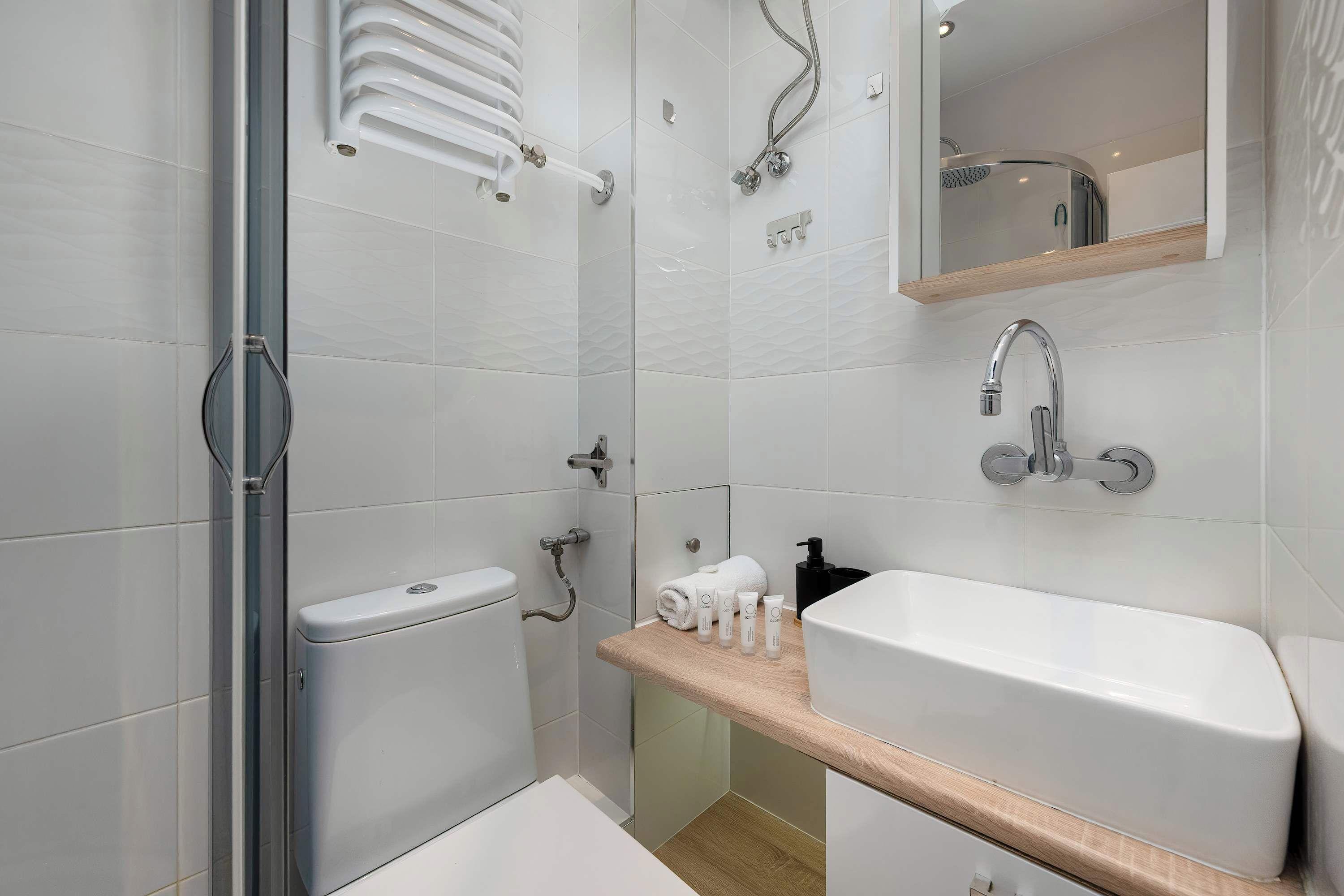 Shower, hair dryer, towels, shampoo
