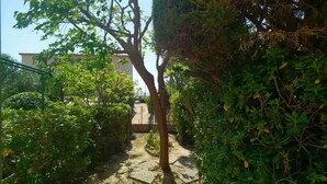A narrow pathway flanked by dense foliage and a building in the background. - "Le Maddy" studio garden-wifi-climate-parking-beach side (Saint-Cyr-sur-Mer)