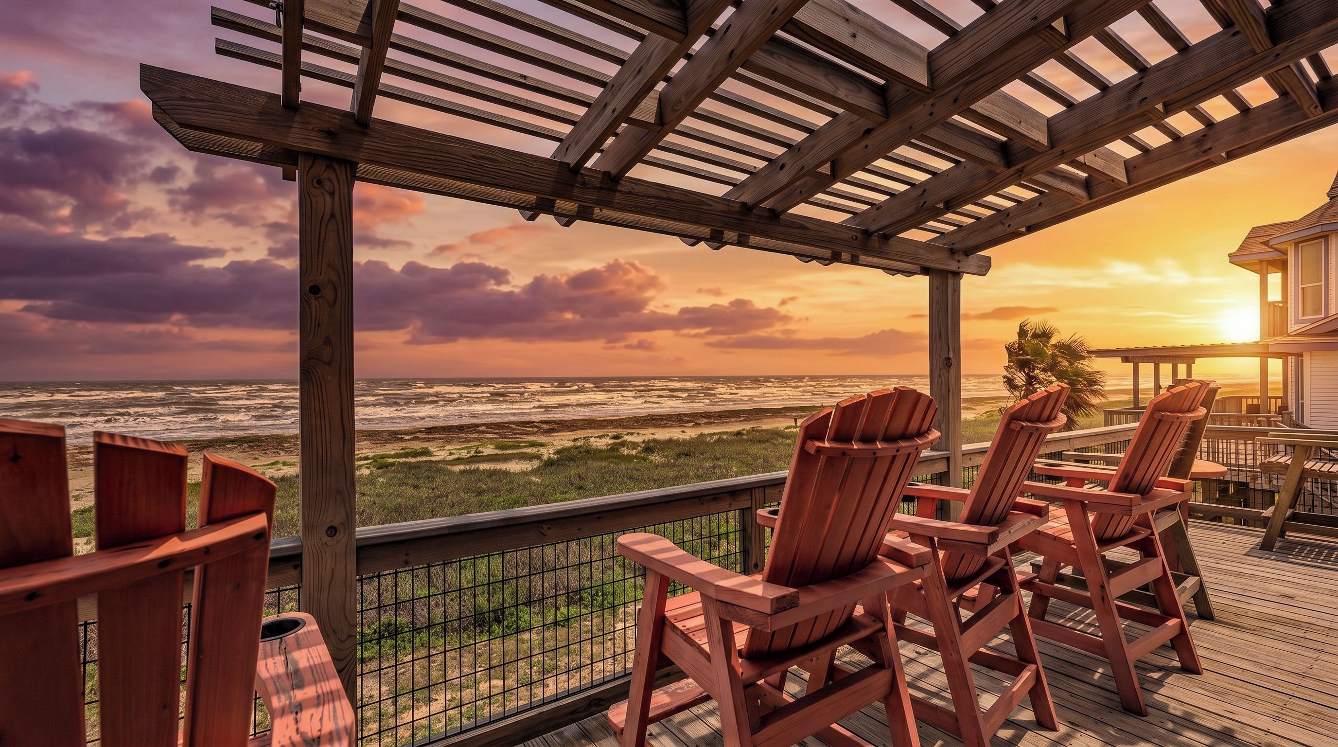 A wooden deck with Adirondack chairs overlooking a beach at sunset.