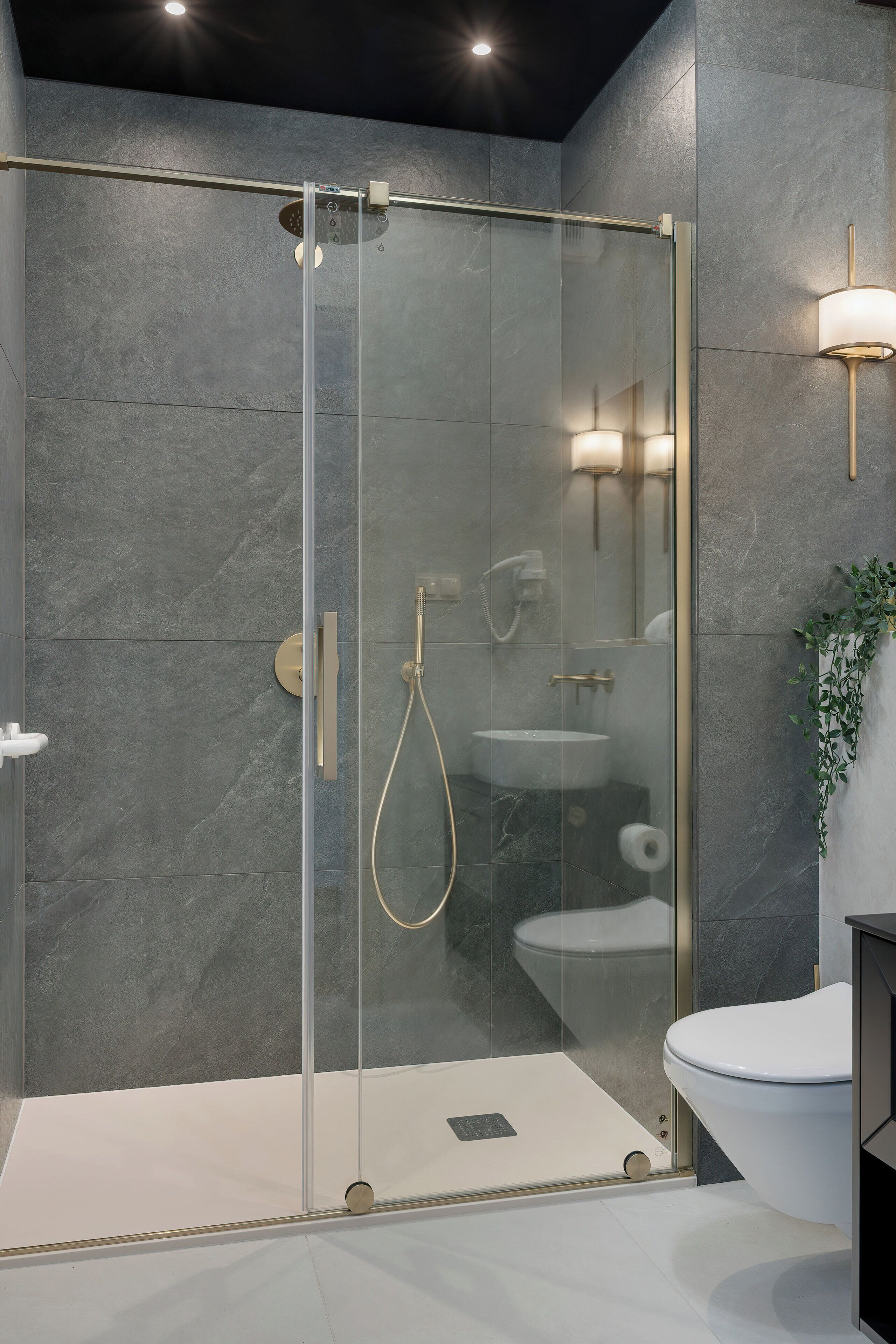 A modern bathroom with a glass-enclosed shower, a white toilet, and a sink.