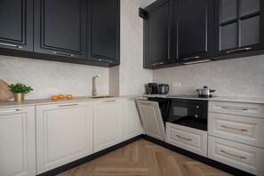 Fridge, microwave, stovetop, dishwasher - Elegant Apartment with Balcony | Air Conditioning | Close to the Spa. (Ciechocinek)
